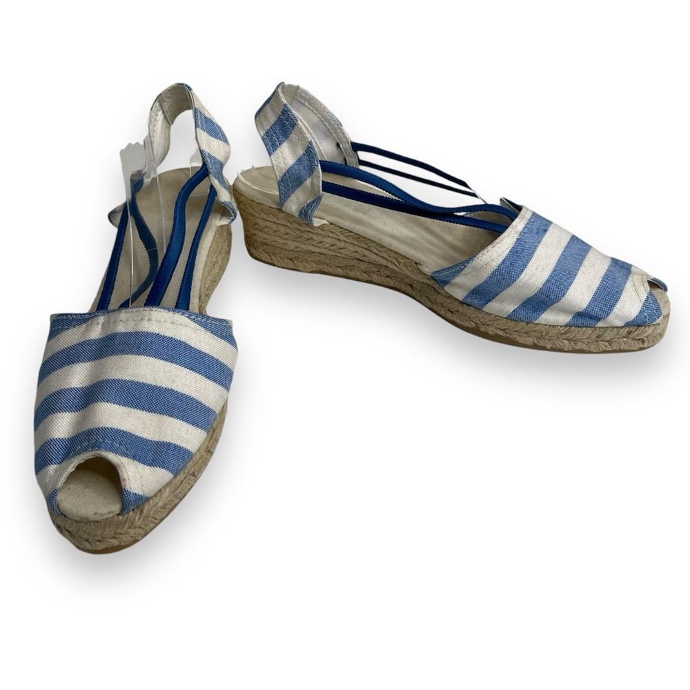 Chicos Jessa Blue White Striped Espadrille Wedge Open Toe Sandal Women Size 11